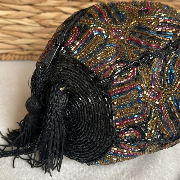 Glass Metallic STUNNING Multi Beaded Barrel Evening Bag Shoulder Black Tassel - Picture 4 of 7